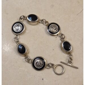 Vintage Chunky Sterling Silver Black Onyx Mayan Calendar Bracelet‎ Toggle 7.5"